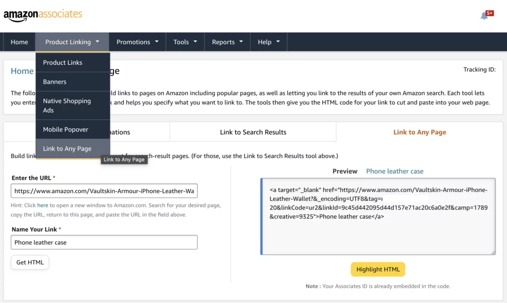 Amazon Affiliate Link To Any Page Dashboard