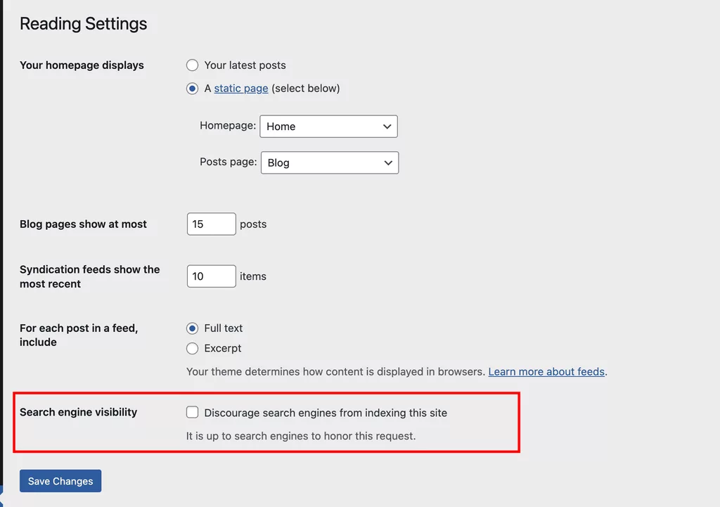 Wordpress Reading Settings Search Engine Visibility Uncheck